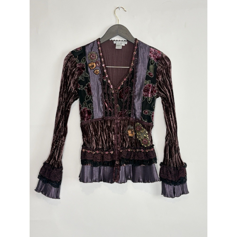 Alberto Makali Womens Small Silk Velvet Embellished Floral Button Top Whimsigoth
